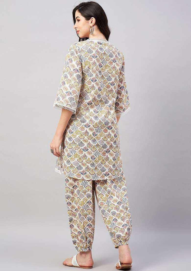 White Floral Printed Vneck Threequarter Sleeves Pure Cotton Top With Trouser - Indya