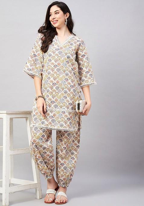 White Floral Printed Vneck Threequarter Sleeves Pure Cotton Top With Trouser