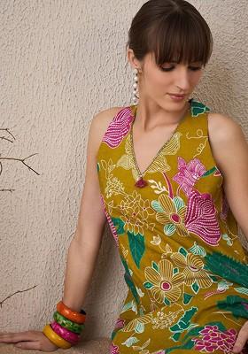 Yellow Floral Printed Vneck Pure Cotton Aline Tunic With Trouser