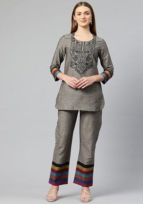 Grey Embroidered Pure Cotton Ethnic Coords