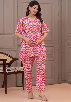 White Floral Printed Vneck Pure Cotton Aline Maternity Kaftan With Trouser