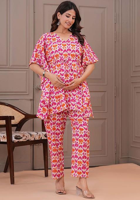 White Floral Printed Vneck Pure Cotton Aline Maternity Kaftan With Trouser