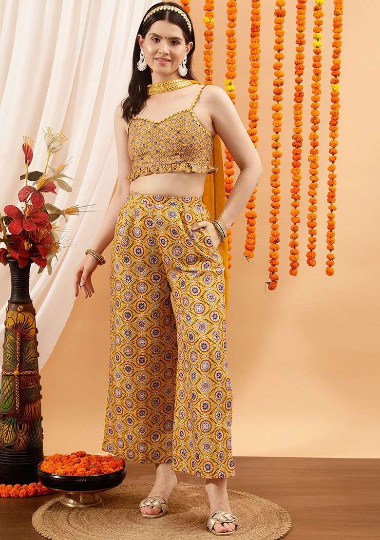 Yellow Floral Printed Top And Palazzo - Indya
