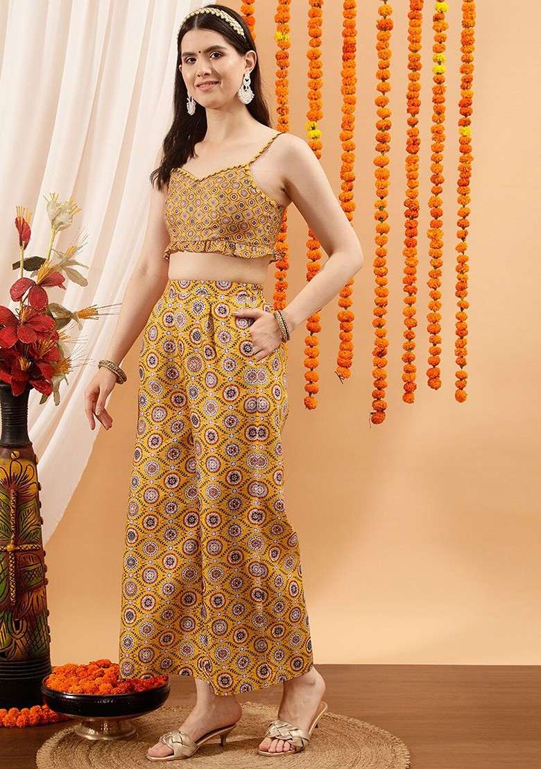 Yellow Floral Printed Top And Palazzo - Indya
