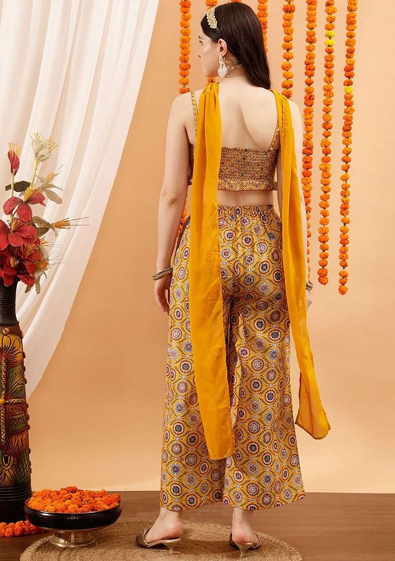 Yellow Floral Printed Top And Palazzo - Indya