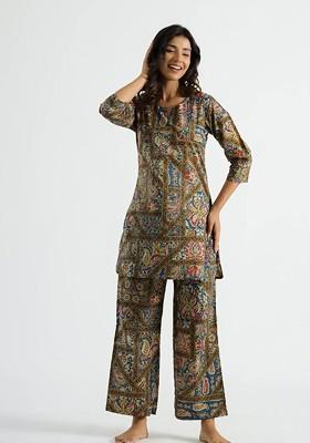 Green Floral Printed Notch Neck Pure Cotton Tunic With Palazzos
