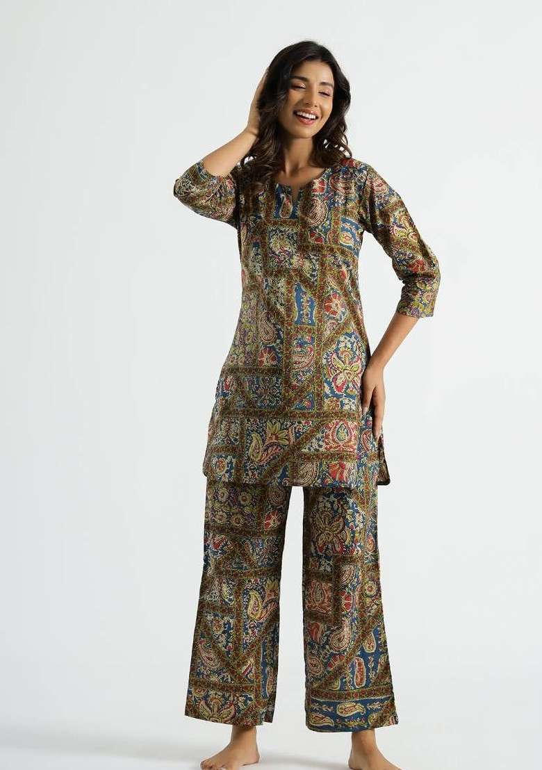 Green Floral Printed Notch Neck Pure Cotton Tunic With Palazzos - Indya