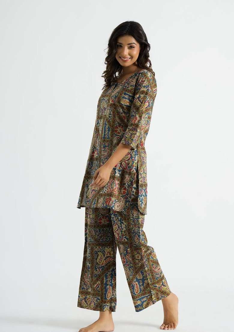 Green Floral Printed Notch Neck Pure Cotton Tunic With Palazzos - Indya
