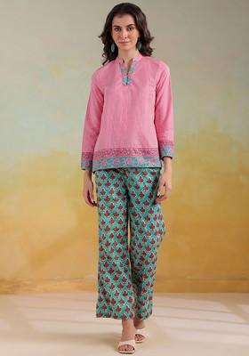 Pink Rangdeep Striped Mandarin Collar Pure Cotton Top With Trousers