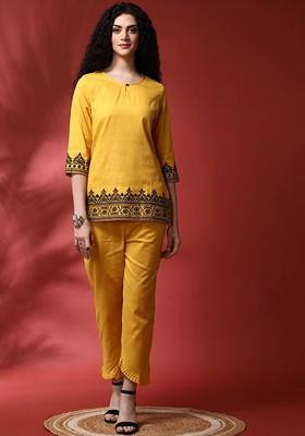 Mustard Mustard Yellow Floral Embroidered Pure Cotton Top With Trousers