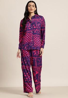 Purple Printed Shirt With Trousers Coord Set