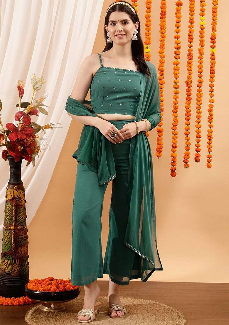 Turquoise Blue Floral Embellished Crop Top And Palazzos With Dupatta - Indya