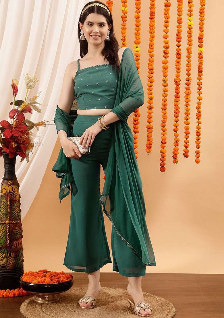Turquoise Blue Floral Embellished Crop Top And Palazzos With Dupatta - Indya