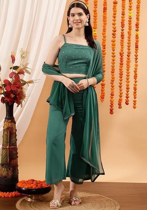 Turquoise Blue Floral Embellished Crop Top And Palazzos With Dupatta