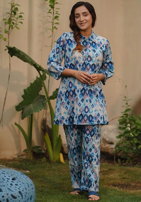 Blue Geometric Printed Shirt Collar Threequarter Sleeves Top With Trouser