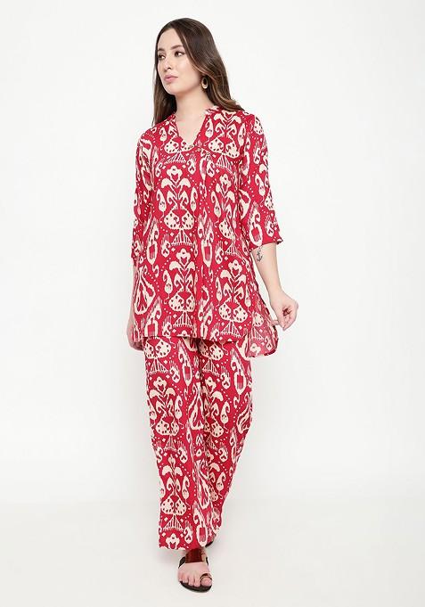Maroon Printed Tunic And Palazzos
