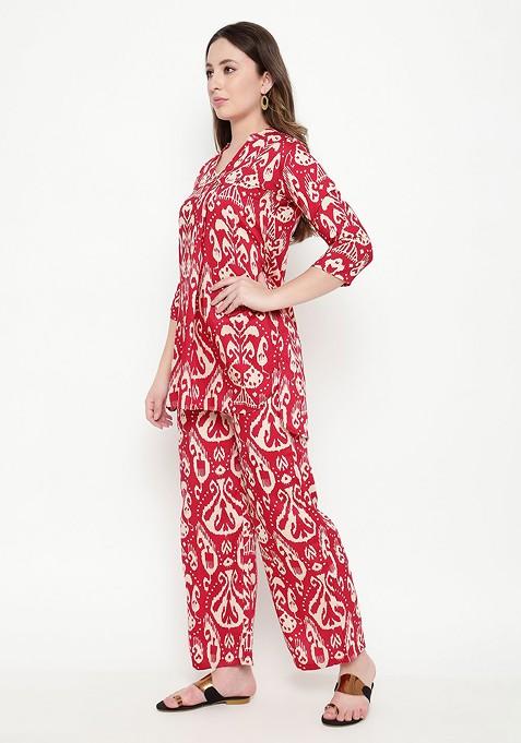 Maroon Printed Tunic And Palazzos