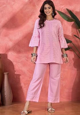 Pink Schiffli Embroidered Pure Cotton Top And Trouser Coord Set