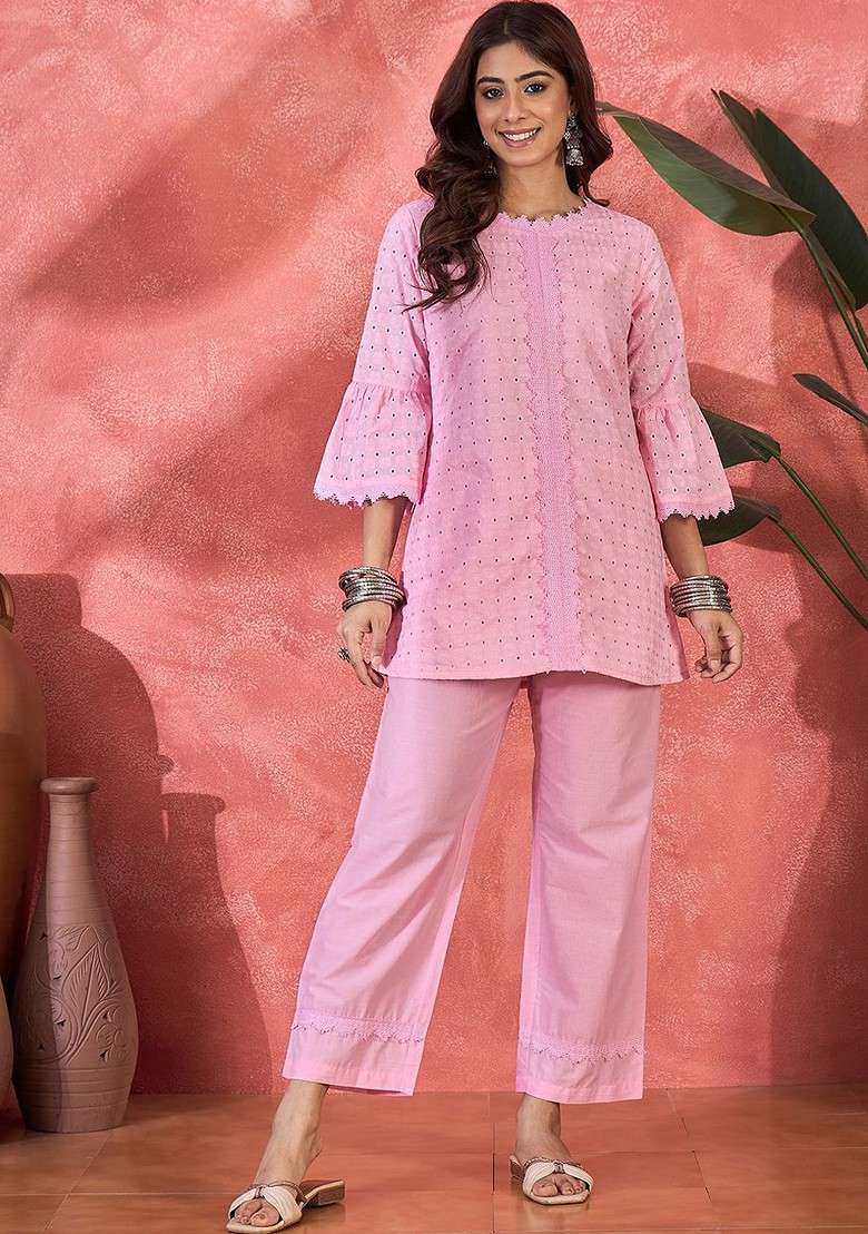 Pink Schiffli Embroidered Pure Cotton Top And Trouser Coord Set - Indya