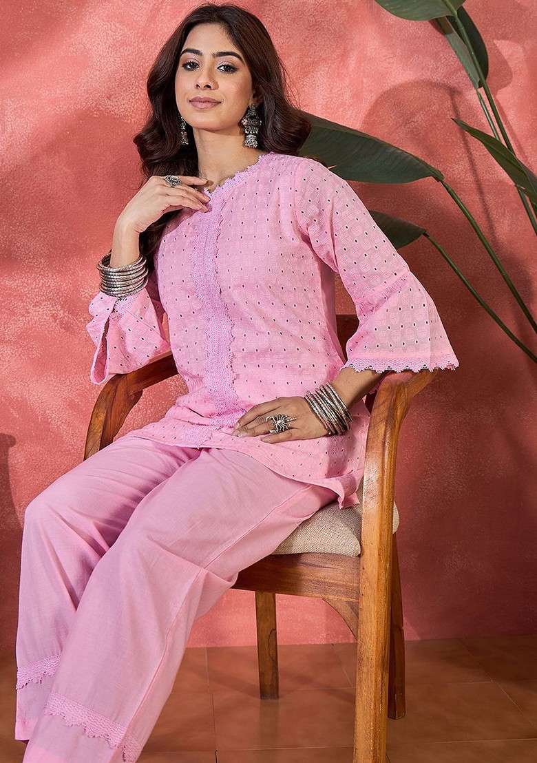 Pink Schiffli Embroidered Pure Cotton Top And Trouser Coord Set - Indya