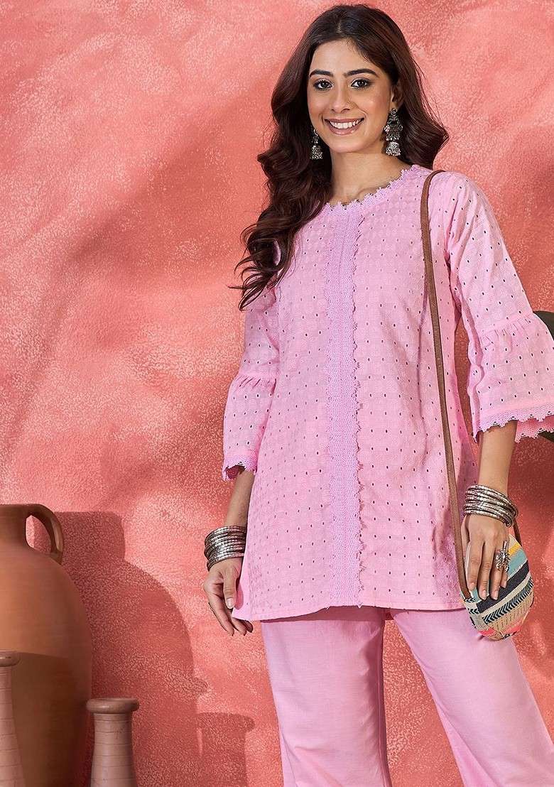 Pink Schiffli Embroidered Pure Cotton Top And Trouser Coord Set - Indya