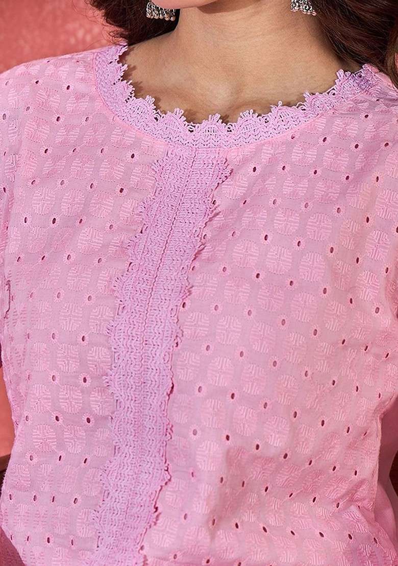 Pink Schiffli Embroidered Pure Cotton Top And Trouser Coord Set - Indya