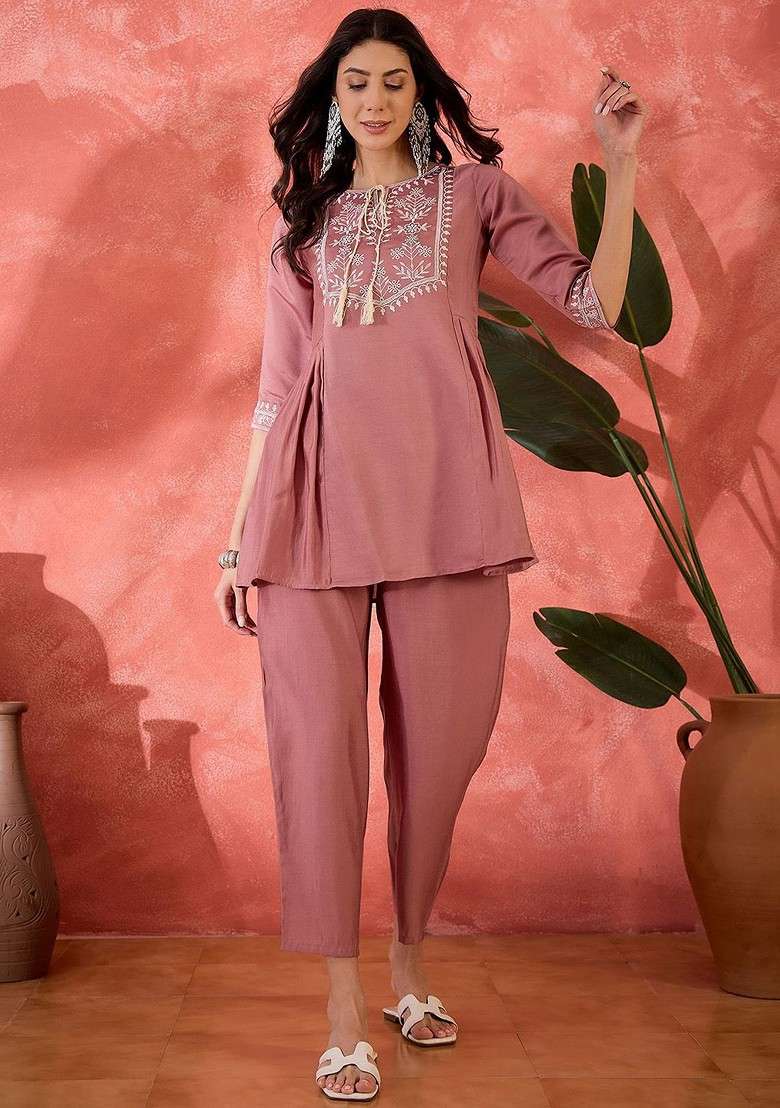 Pink Embroidered Short Top And Trousers Coord Set - Indya