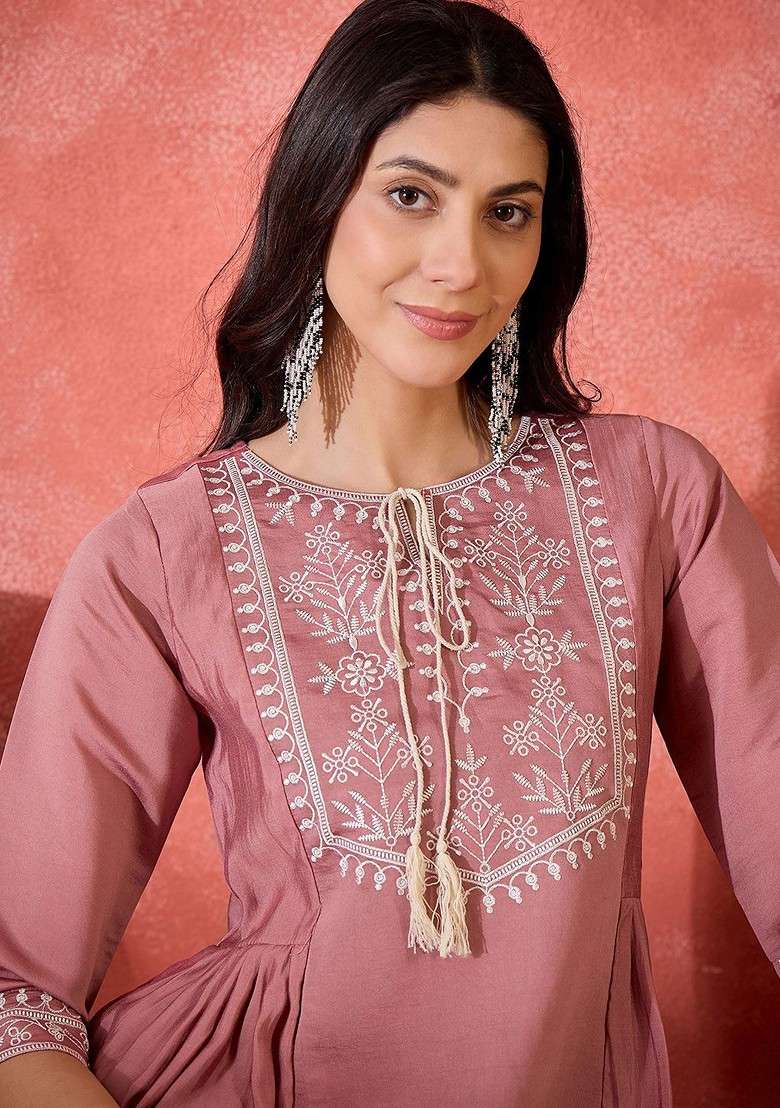 Pink Embroidered Short Top And Trousers Coord Set - Indya