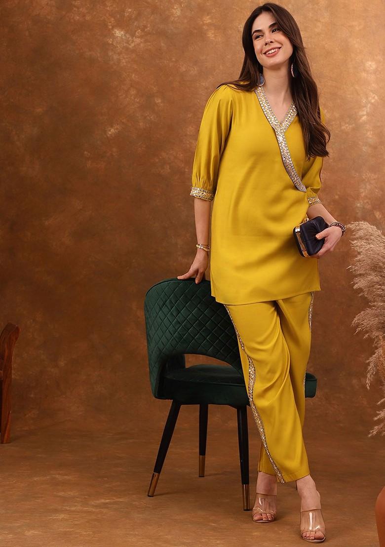 Yellow Embroidered Angrakha Mirror Work Coords