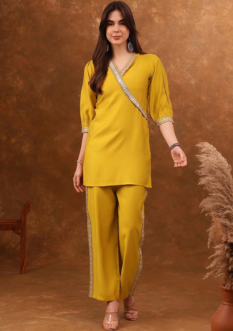 Yellow Embroidered Angrakha Mirror Work Coords