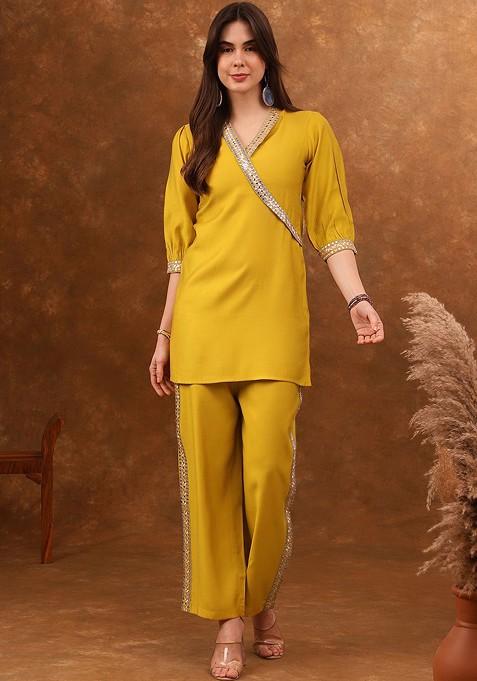 Yellow Embroidered Angrakha Mirror Work Coords