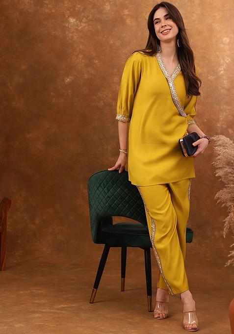 Yellow Embroidered Angrakha Mirror Work Coords