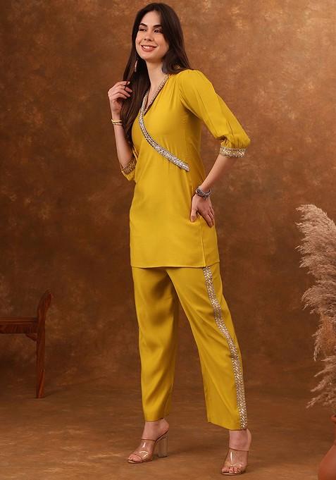 Yellow Embroidered Angrakha Mirror Work Coords