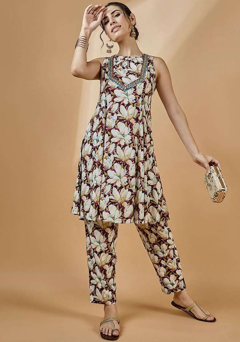 Burgundy Floral Printed Tunic With Trousers - Indya