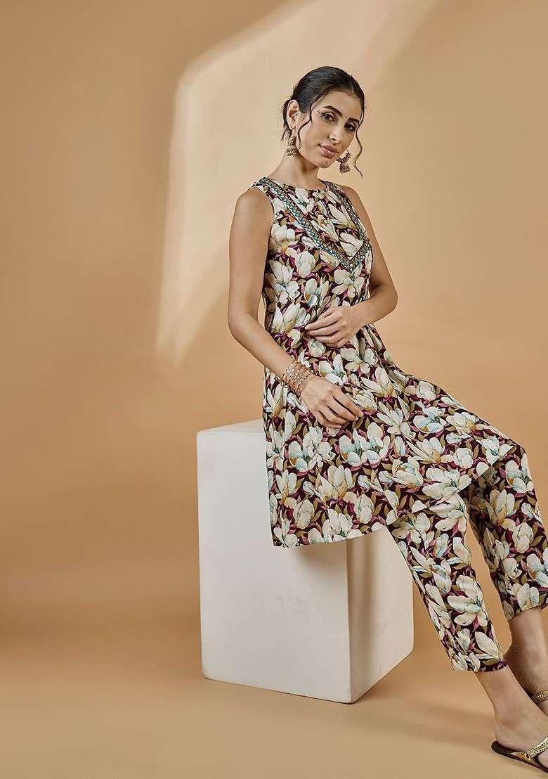 Burgundy Floral Printed Tunic With Trousers - Indya