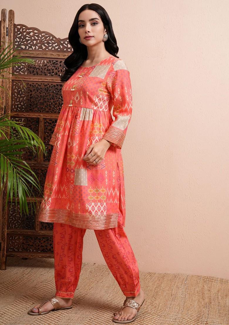 Pink Women Printed Kurta With Joggers Coords