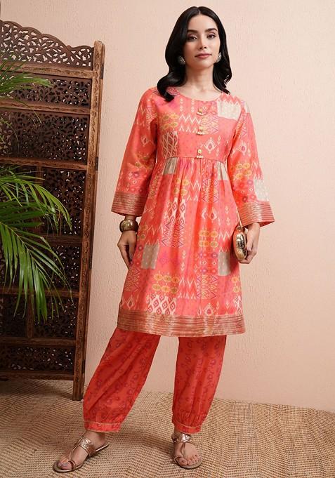 Pink Women Printed Kurta With Joggers Coords