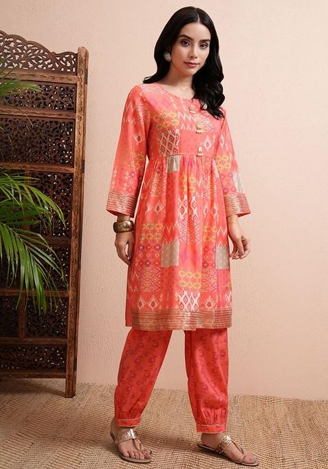 Pink Women Printed Kurta With Joggers Coords