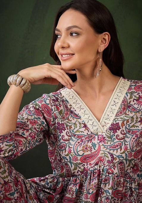 Pink Printed Tunic With Trousers