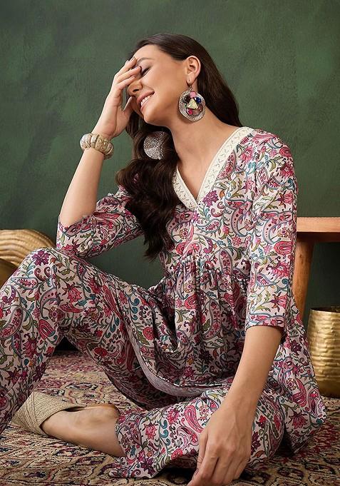 Pink Printed Tunic With Trousers