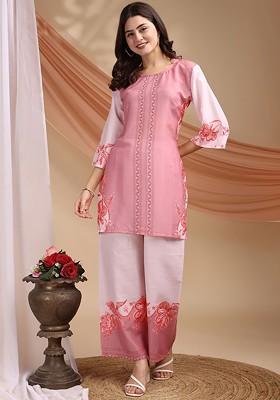 Pink Printed Cotton Top With Palazzos Coords Set