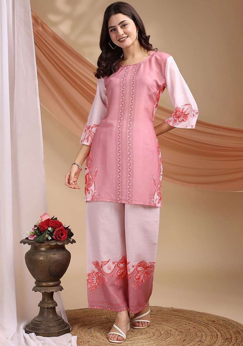 Pink Printed Cotton Top With Palazzos Coords Set - Indya
