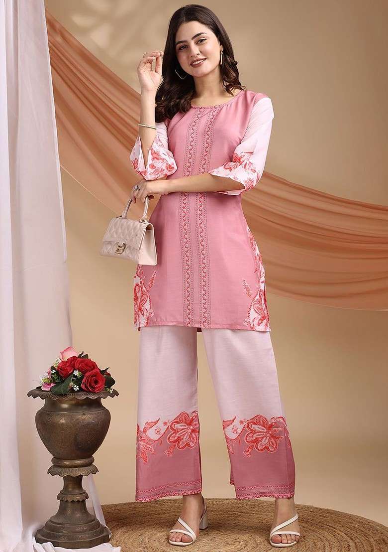 Pink Printed Cotton Top With Palazzos Coords Set - Indya