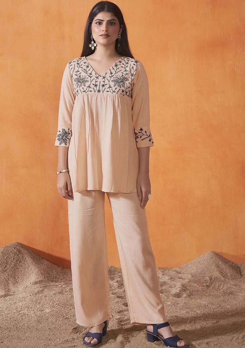 Cream Cream And Black Floral Embroidered Thread Work Tunic With Palazzos - Indya