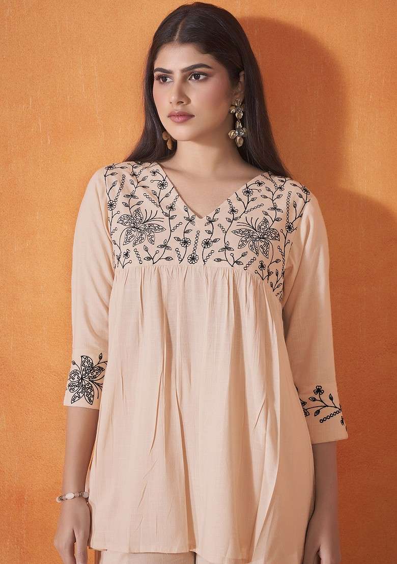Cream Cream And Black Floral Embroidered Thread Work Tunic With Palazzos - Indya