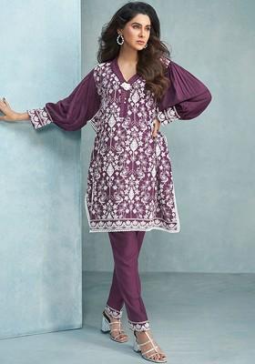Purple Ethnic Motifs Embroidered Regular Pure Cotton Coords Set