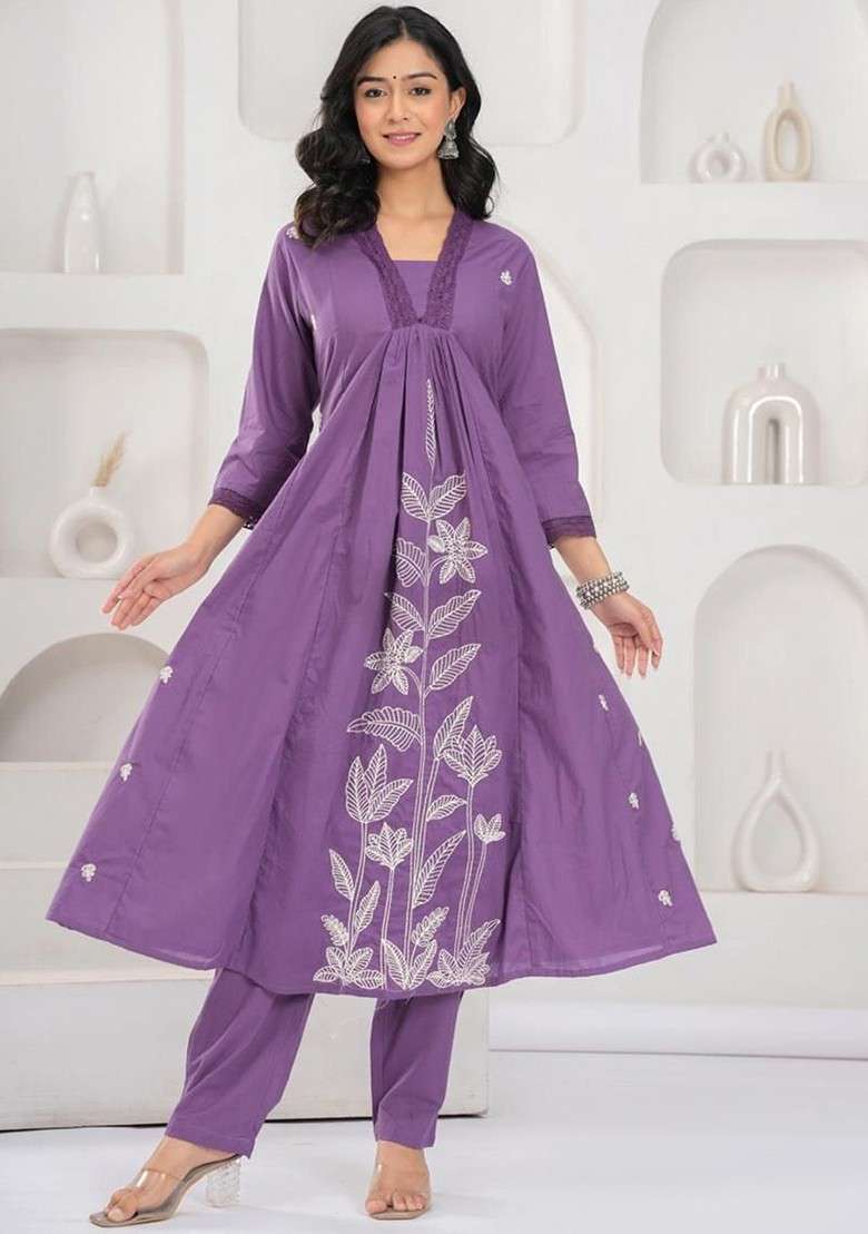 Purple Embroidery Pure Cotton Top Ith Trousers Coords - Indya