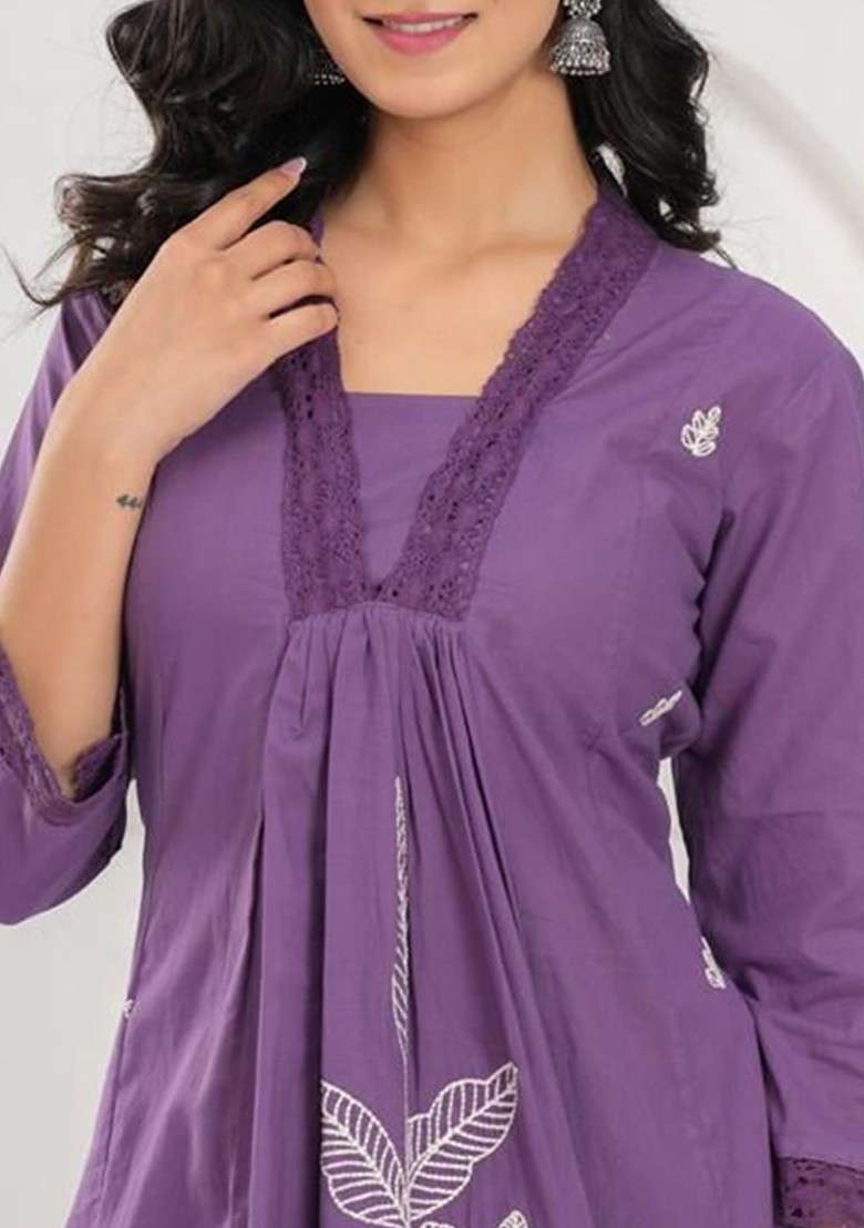 Purple Embroidery Pure Cotton Top Ith Trousers Coords - Indya