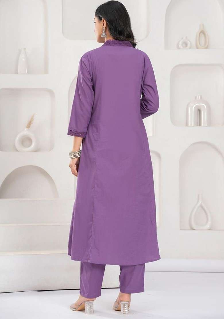Purple Embroidery Pure Cotton Top Ith Trousers Coords - Indya