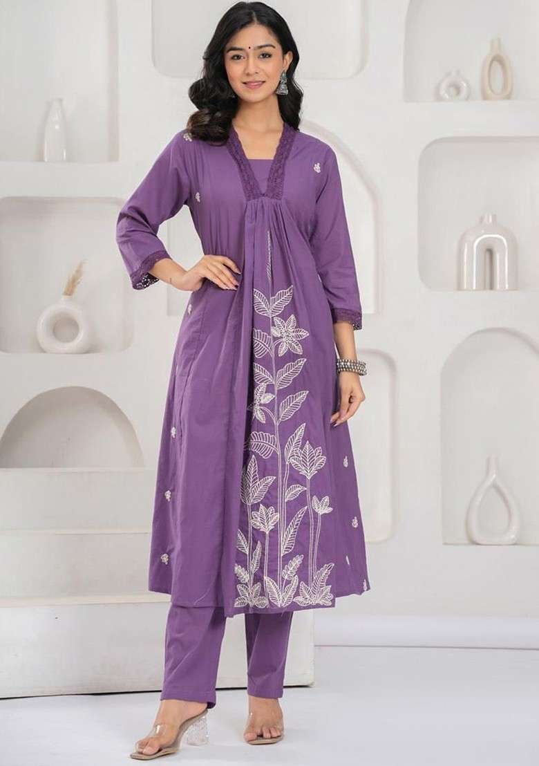 Purple Embroidery Pure Cotton Top Ith Trousers Coords - Indya